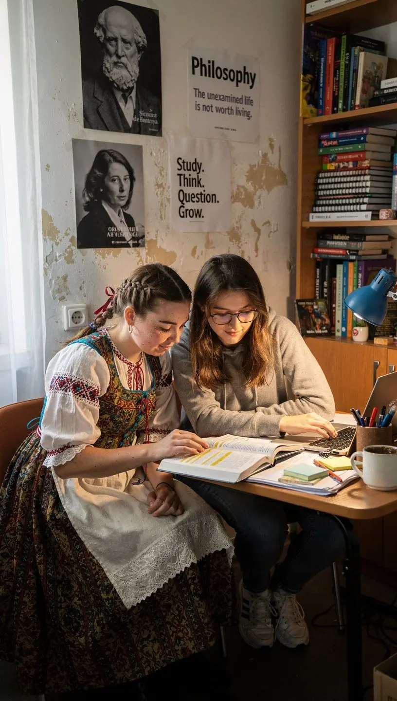 Studenti prochГЎzejГ­cГ­ knihovnu a vybГ­rajГ­cГ­ si uДЌebnice na zkouЕЎky