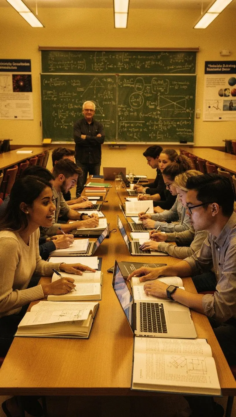 Studenti diskutující nad učebnicemi a materiály v přednáškové místnosti.